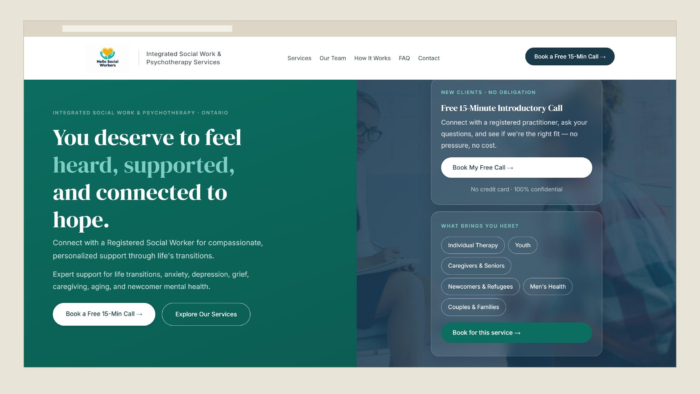 Hello Social Workers homepage on desktop, showing the intake and service selector