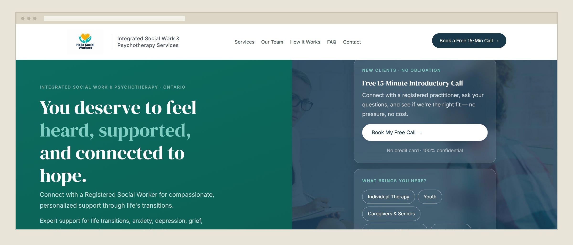 Hello Social Workers homepage — 'You deserve to feel heard, supported, and connected to hope'