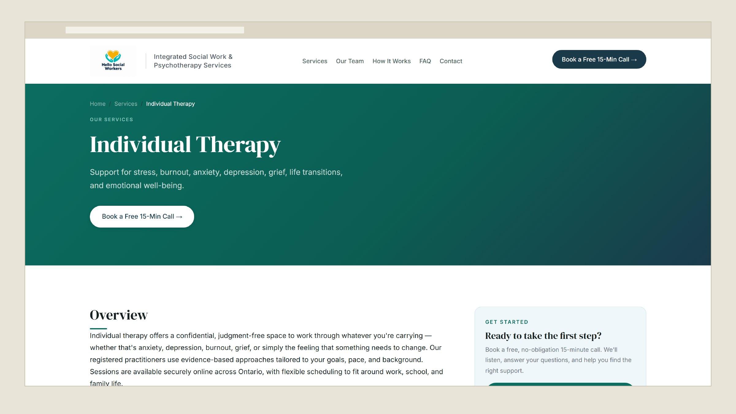 Hello Social Workers individual therapy service page
