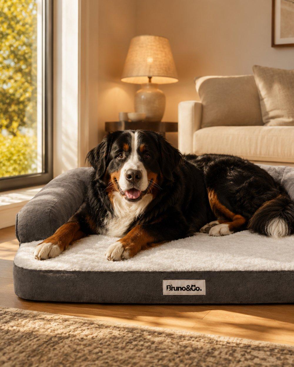 A Bernese mountain dog settled on the Bruno bed in a living room